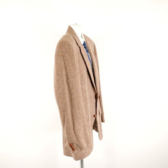 WM F Farah Tweed Wool Tan Herringbone 2 Leather Button Sport Coat 40L Tagged 42L - Picture 8 of 13